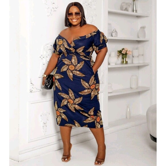 Mae Otti NWOT IDIA African Print Off Shoulder Midi Dress Navy Blue Sz XL No Belt - Picture 1 of 16